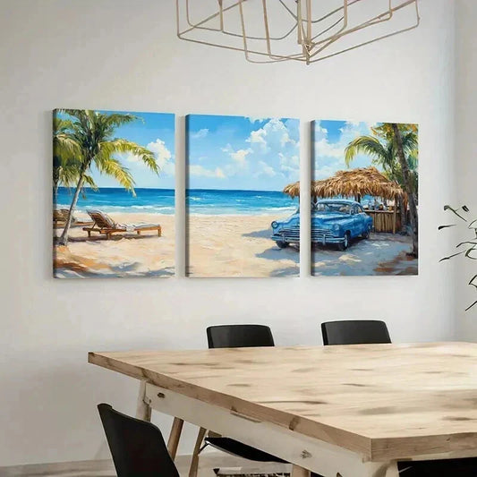 3pcs Beach Ocean Palm Trees & Vintage Car Wall Art Set Canvas Framed 40x60cm - High Quality Print 100% Australian Made Wall Canvas Ready to Hang