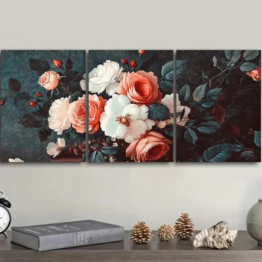 3pcs Oil Paintings of Pink And White Roses Metal Print Ready to Hang Art