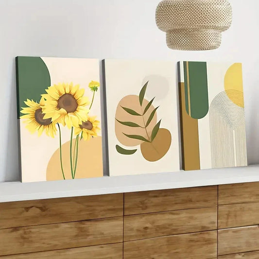 3pcs Sunflower Boho Style Green Leaves Yellow Wall Art Set Canvas Framed 40x60cm - High Quality Print 100% Australian Made Wall Canvas Ready to Hang