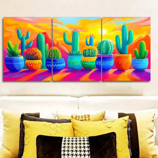3pcs  Cactus in colorful flower POTS Art Painting  Metal Print Ready to Hang Art