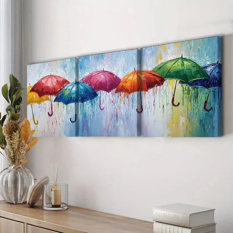 3pcs Rainy Day Umbrella Scene Colorful Perfect Wall Art Set Canvas Framed 40x60cm - High Quality Print 100% Australian Made Wall Canvas Ready to Hang