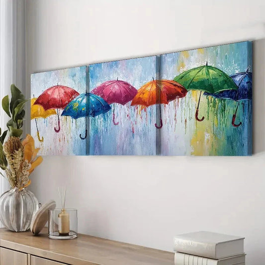 3pcs Rainy Day Umbrella Scene Colorful Perfect Wall Art Set Canvas Framed 40x60cm - High Quality Print 100% Australian Made Wall Canvas Ready to Hang