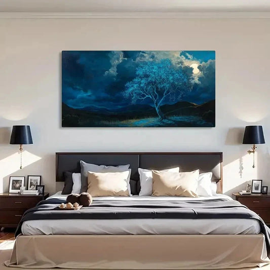 Surreal Glowing Blue Tree Moon Wall Art Canvas Office Home Room Framed 120x60cm