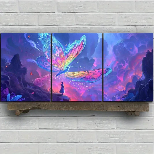 3pcs Fantasy Butterfly Colorful Wings Theme Metal Print Ready to Hang Art