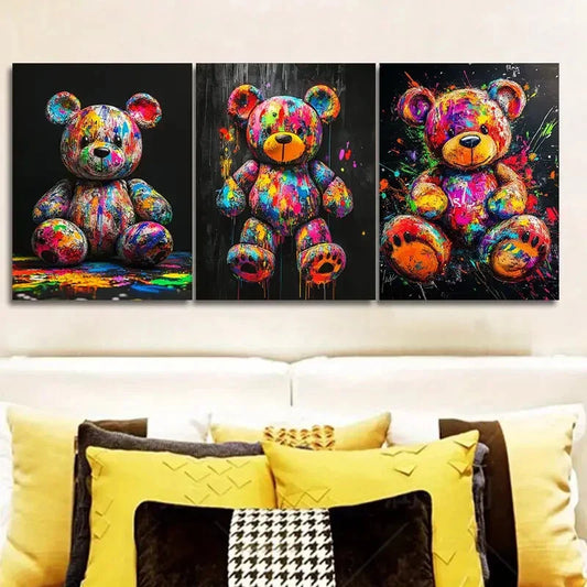 3pcs Colorful teddy bear graffiti Painting  Wall Art Set Canvas Framed 40x60cm - High Quality Print 100% Australian Made Wall Canvas Ready to Hang
