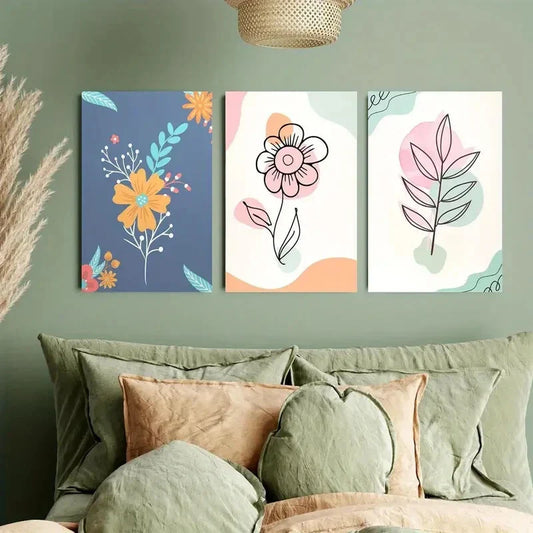 3pcs Minimalist Abstract Flower and Plant Leaf Metal Print Ready to Hang Art