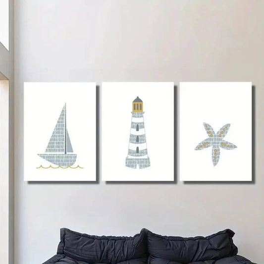 3pcs  Cartoon watercolor sailing ship lighthouse Metal Print Ready to Hang Art