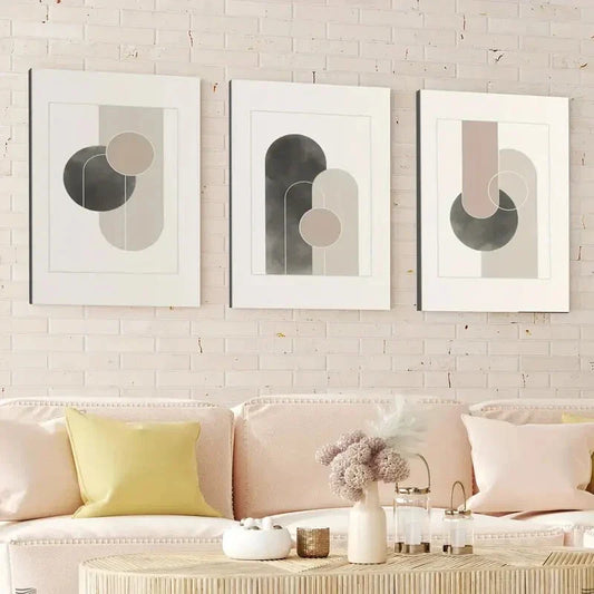 3pcs Mid Century Modern Abstract Shapes Rounds Wall Art Set Canvas Framed 40x60cm - High Quality Print 100% Australian Made Wall Canvas Ready to Hang