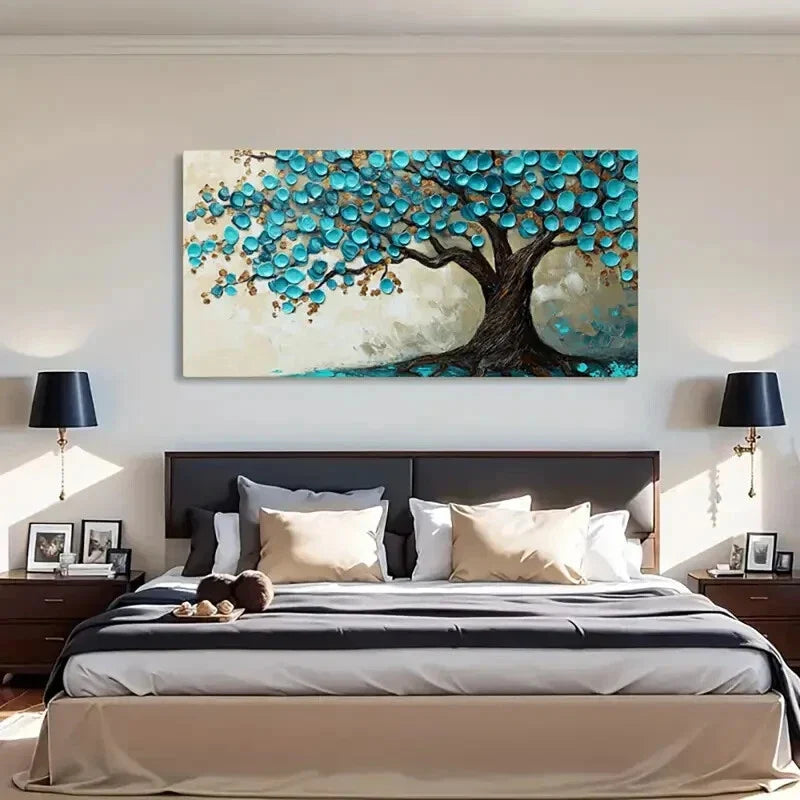 Abstract Teal Golden Leaf Tree Wall Art Canvas Office Home Room Framed 120x60cm