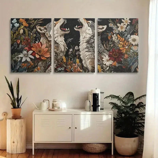 3pcs Two Wolves Howling at Moonlight Metal Print Ready to Hang Art