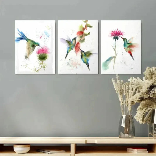 3pcs Vibrant Tropical Birds, Green and Pink Metal Print Ready to Hang Art