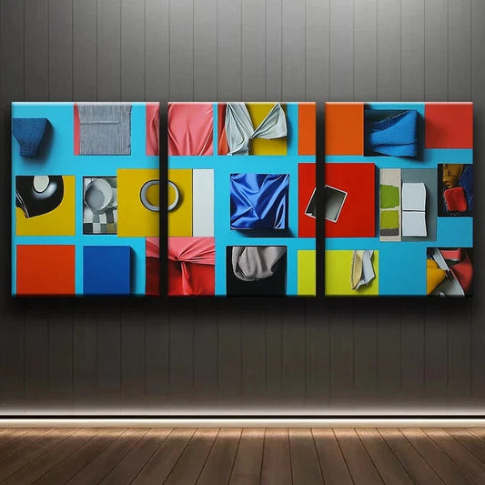 3pcs Colourful Fantasy Blocks Blue Themed Metal Print Ready to Hang Art