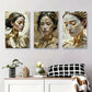 3pcs Elegant Abstract Faces with Golden Shards Metal Print Ready to Hang Art