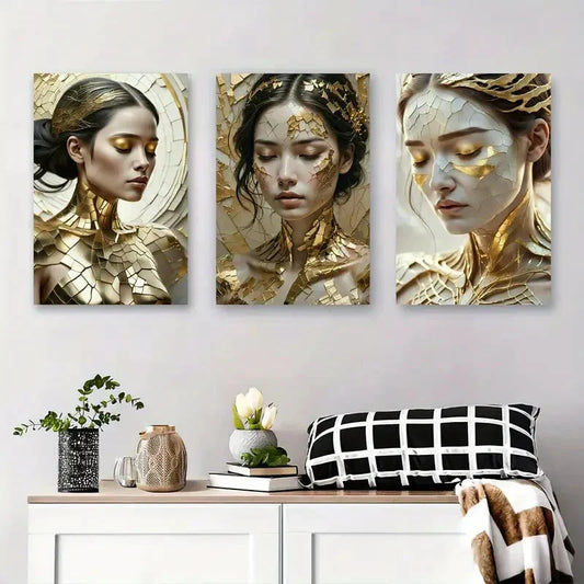 3pcs Elegant Abstract Faces with Golden Shards Metal Print Ready to Hang Art