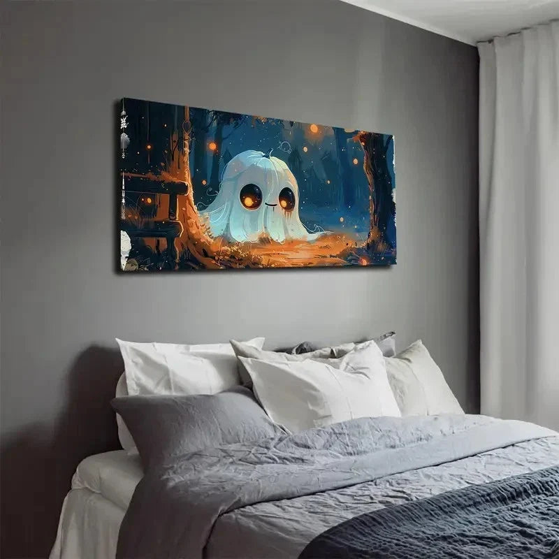 Cute White & Pumpkin Ghosts Wall Art Canvas Office Home Room Framed 80x45cm