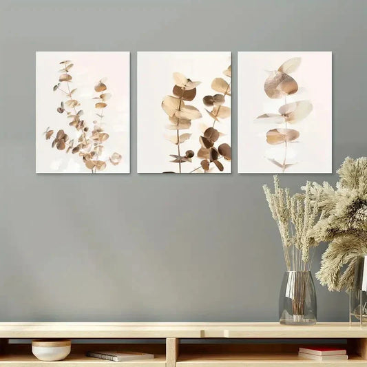 3pcs Eucalyptus Leaf Golden & Brown Foliage Metal Print Ready to Hang Art