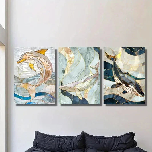 3pcs dolphin stained glass close-up style, Metal Print Ready to Hang Art