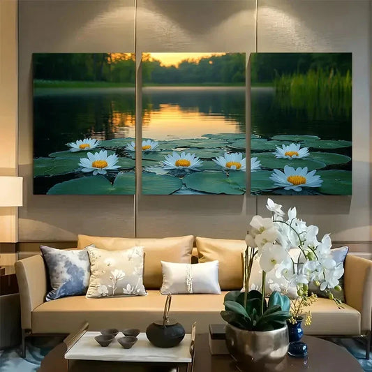 3pcs Serene Pond with Wild Daisies in Bloom Peace Metal Print Ready to Hang Art