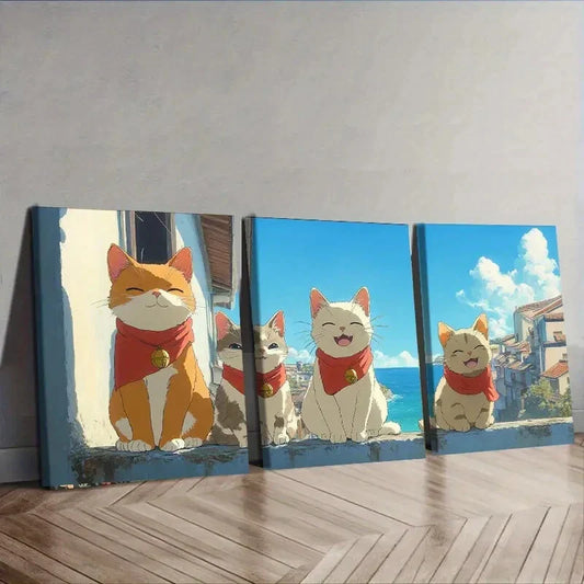 3pcs Happy Cat Orange Hanging Paintings Home Wall Art Set Canvas Framed 40x60cm - High Quality Print 100% Australian Made Wall Canvas Ready to Hang