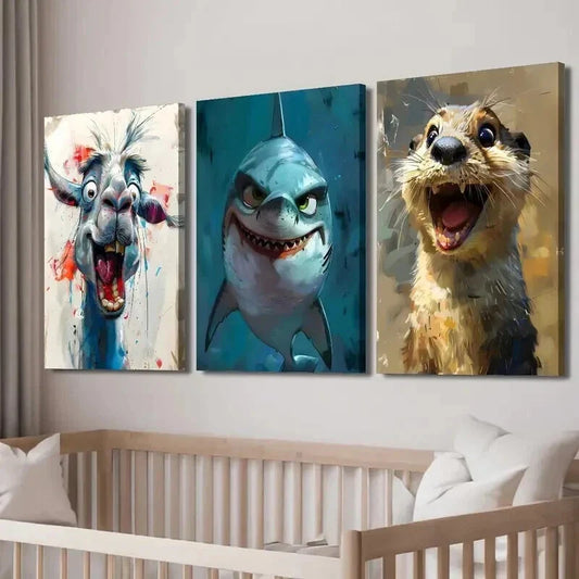 3pcs Cartoon Funny Camel Shark Otter Wall Art Set Canvas Framed 40x60cm - High Quality Print 100% Australian Made Wall Canvas Ready to Hang