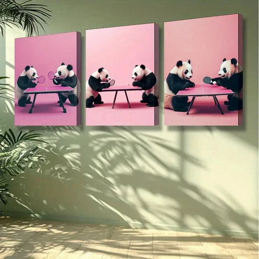 3pcs Adorable Panda Playing Table Tennis Wall Art Set Canvas Framed 40x60cm - High Quality Print 100% Australian Made Wall Canvas Ready to Hang