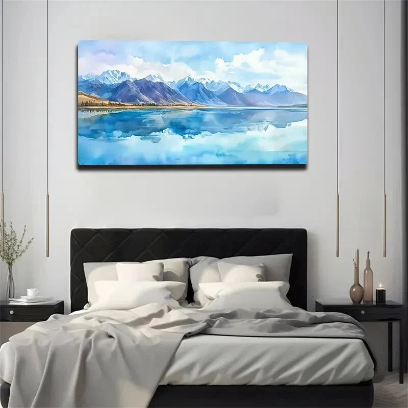Serene Blue Lake with Snow Wall Art Canvas Office Home Room Framed 120x60cm