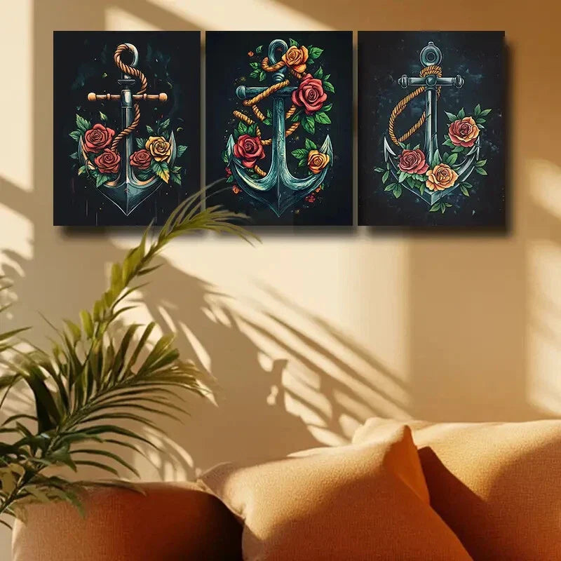 3pcs An Anchor with Roses Design Metal Print Ready to Hang Art