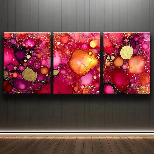 3pcs Red & Golden Bubbles Themed Metal Print Ready to Hang Art