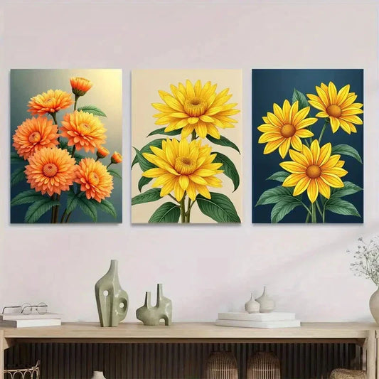 3pcs Vibrant Sunflower Orange Floral Dark Blue Wall Art Set Canvas Framed 40x60cm - High Quality Print 100% Australian Made Wall Canvas Ready to Hang