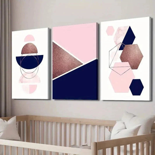 3pcs Geometric Navy & Pink Abstract Designs Wall Art Set Canvas Framed 40x60cm - High Quality Print 100% Australian Made Wall Canvas Ready to Hang