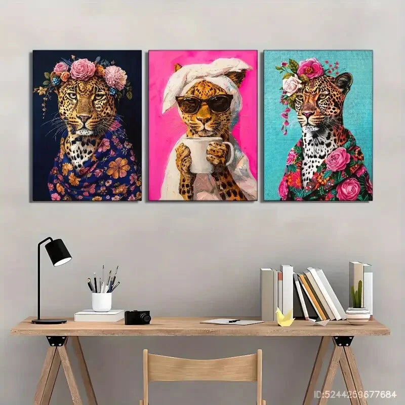 3pcs Cheetah Funny And Cute Animal Cheetah with Metal Print Ready to Hang Art