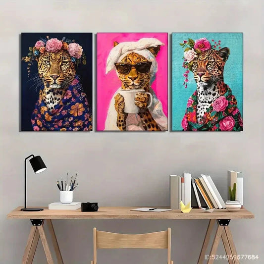 3pcs Cheetah Funny And Cute Animal Cheetah with Metal Print Ready to Hang Art