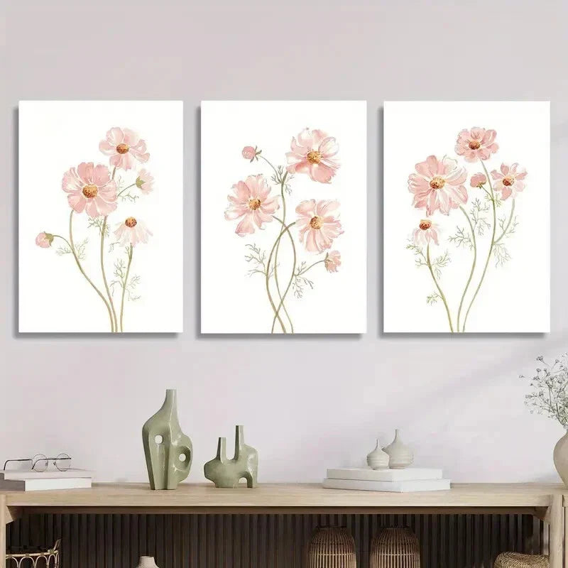 3pcs Ink Painting of Soft Pink Wildflowers Metal Print Ready to Hang Art