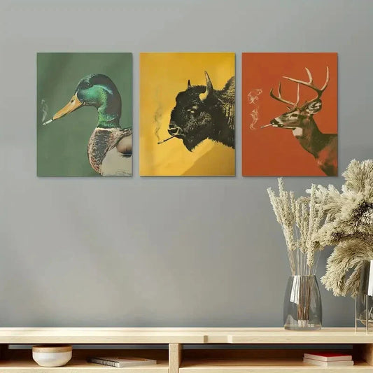 3pcs Duck, Buffalo & Deer Smoking Cigarettes Metal Print Ready to Hang Art
