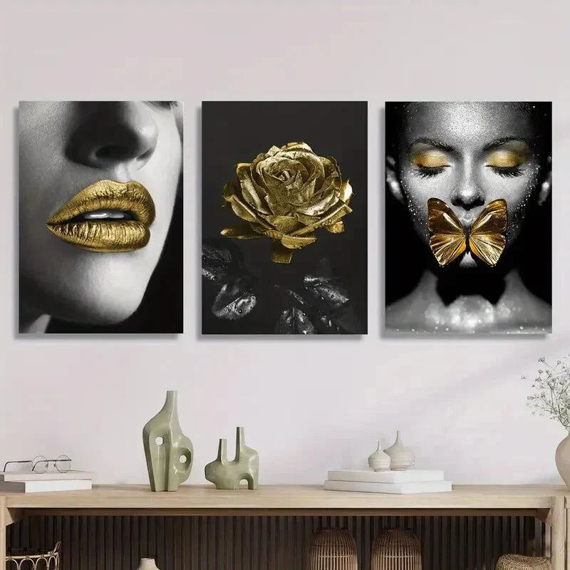 3pcs girl with golden butterflies, golden roses Metal Print Ready to Hang Art