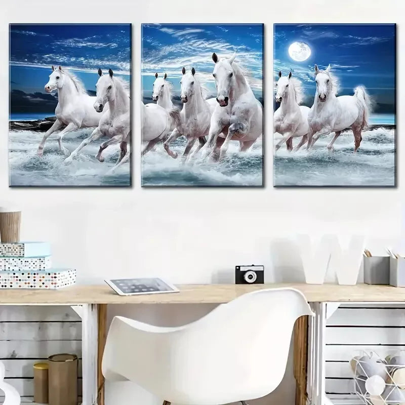 3pcs Symbolizing Success Galloping Horse, Wishes Wall Art Set Canvas Framed 40x60cm - High Quality Print 100% Australian Made Wall Canvas Ready to Hang