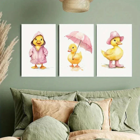 3pcs A Duck with An Umbrella Metal Print Ready to Hang Art