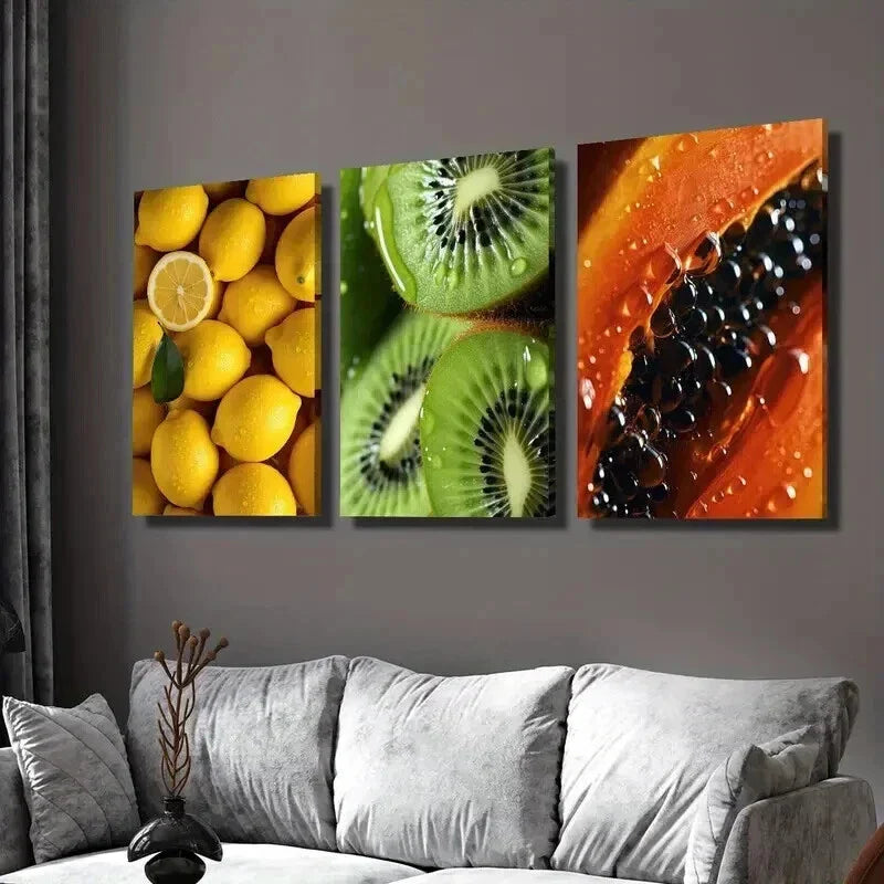 3pcs Tropical Lemon and Papaya Kiwi Poster Wall Art Set Canvas Framed 40x60cm - High Quality Print 100% Australian Made Wall Canvas Ready to Hang