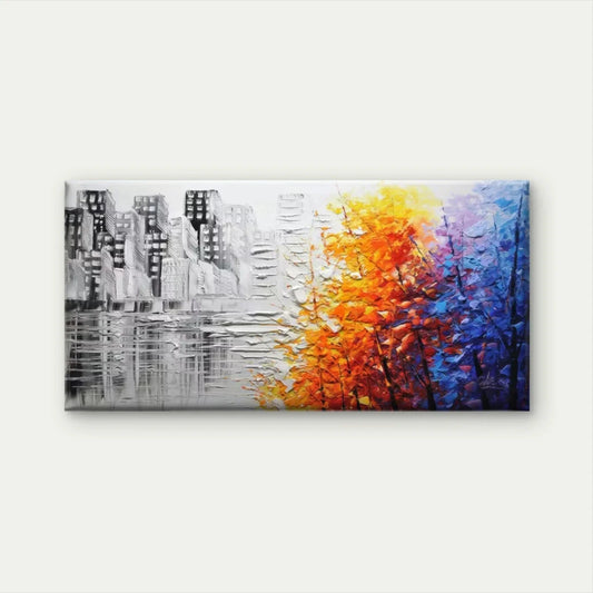 Abstract Cityscape & Autumn Wall Art Canvas Office Home Room Framed 80x45cm