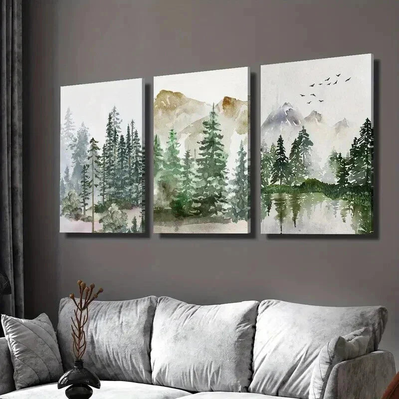3pcs Sage Green Forest Mountain Nature Wall Art Set Canvas Framed 40x60cm - High Quality Print 100% Australian Made Wall Canvas Ready to Hang