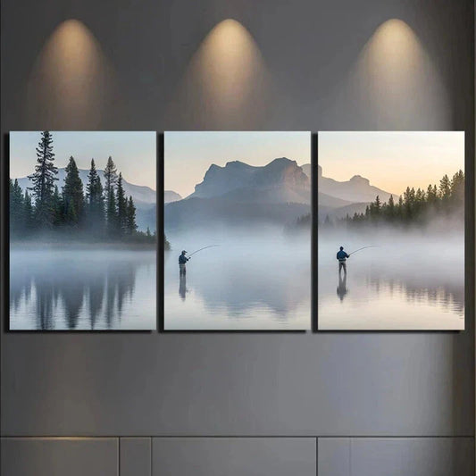 3pcs Two People Fishing By The Lake Metal Print Ready to Hang Art
