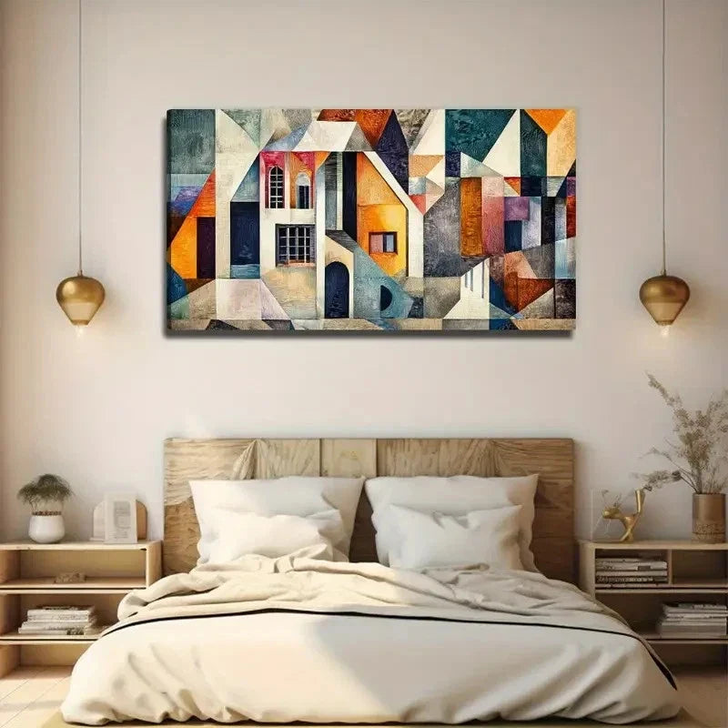 Cubist House Suitable Wall Art Canvas Office Home Room Framed 120x60cm