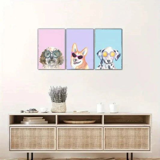 3pcs Dalmatian Corgi Dog with Glasses Art Print Metal Print Ready to Hang Art