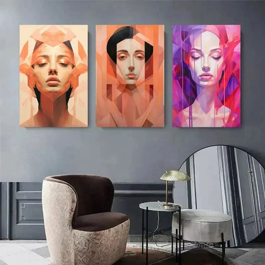 3pcs Vibrant Geometric Faces in Orange and Purple Metal Print Ready to Hang Art