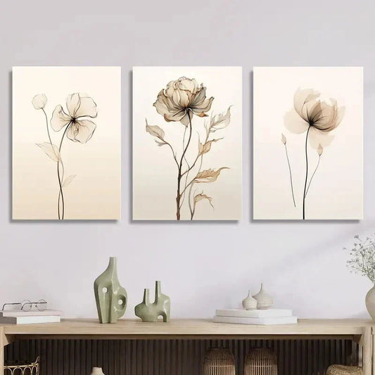 3pcs Retro minimalist floral illustration,Metal Print Ready to Hang Art