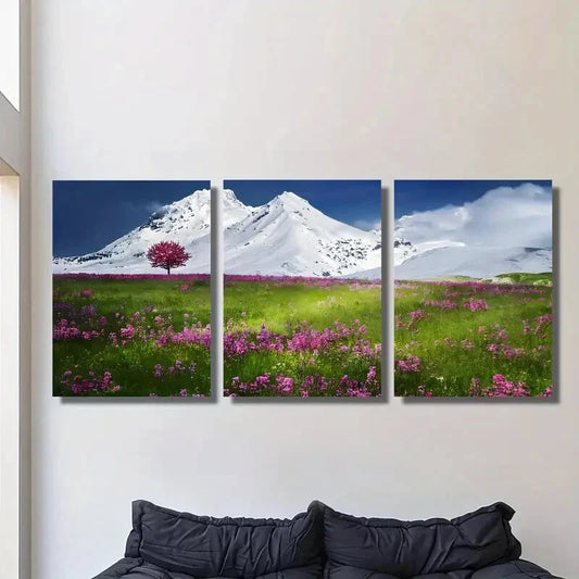 3pcs Mountain & Wildflowers Landscape, Metal Print Ready to Hang Art