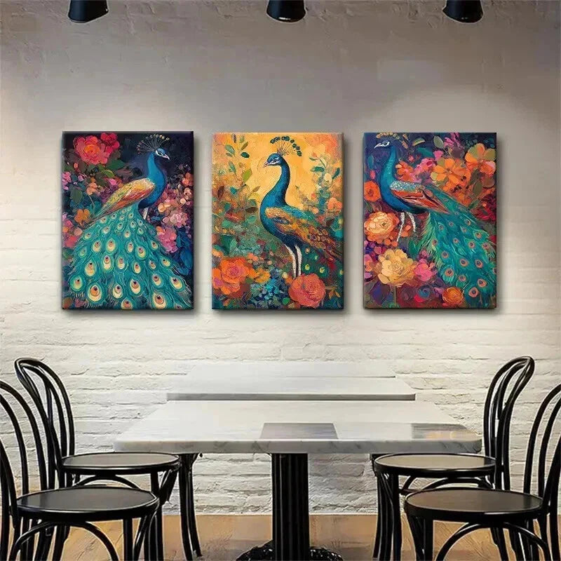 3pcs Peacock and Floral Colorful Nature Prefect Wall Art Set Canvas Framed 40x60cm - High Quality Print 100% Australian Made Wall Canvas Ready to Hang