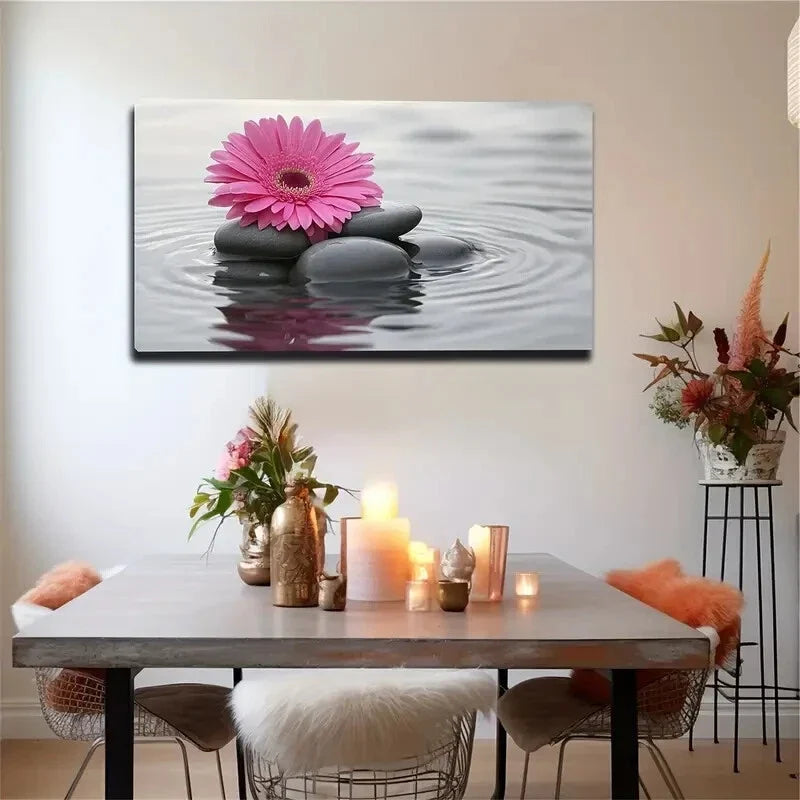 Pink Gerbera on Water Ripple Wall Art Canvas Office Home Room Framed 120x60cm