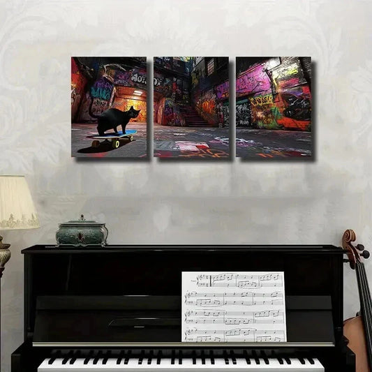 3pcs Black Cat & Colorful Skateboard Triptych Wall Art Set Canvas Framed 40x60cm - High Quality Print 100% Australian Made Wall Canvas Ready to Hang