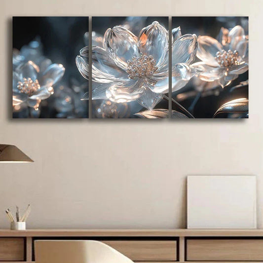3pcs Abstract Charming Flower Blue & White Metal Print Ready to Hang Art